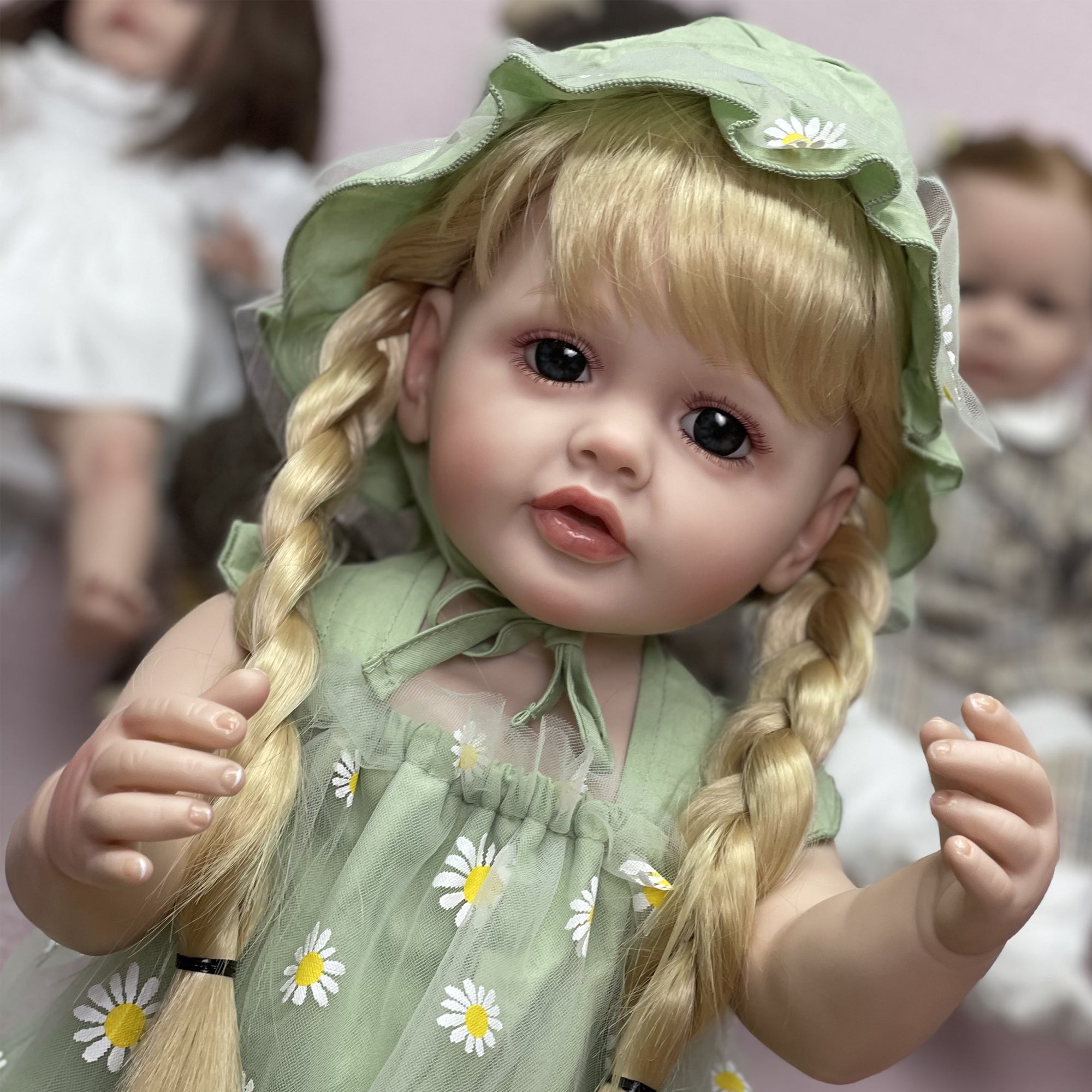 Green Dress 20 inch Full Vinyl Real Toddler Girl Blue Eyes Lifelike Baby Full Body Vinyl Can Wash whole body doll