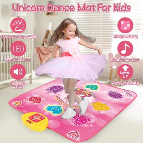Unicorn Dance Mat, Unicorn Toys for Girls Age 4-6, Girls Toys Age 6-8, Adjustable Volume with LED, 6 Game Modes, Electronic Dancing Mat as Christmas Birthday Gift for 3 4 5 6 7 8 9+ Girls